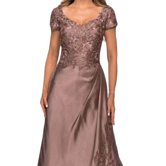 NWT La Femme 27033SC Stretch Satin Evening Dress Brown Size 4